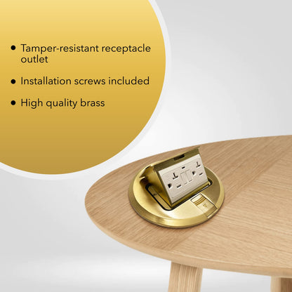 Select Lighting SLFB-PU-USB-BR - Receptáculos de salida USB emergentes de 20 A, caja de piso eléctrica redonda resistente a manipulaciones con cubierta de latón, enchufe empotrado retráctil para encimeras y pisos