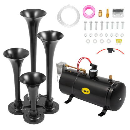 VEVOR Kit de bocinas de tren de 150 DB para camiones súper fuertes con compresor de aire de 120 PSI 12 V 4 trompeta compresor de bocina de aire tanque para cualquier vehículo, camión, automóvil, Jeep o SUV (negro)