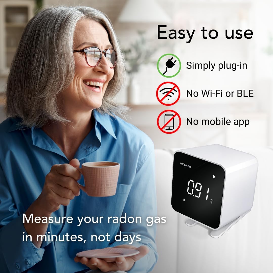 Ecosense EB100 EcoBlu, detector digital de radón, rápido y preciso, monitoreo a corto y largo plazo, pantalla LED de tamaño completo, fácil de usar