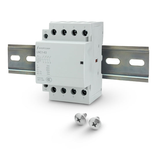 Contactor IEC de 400 V (funcionamiento silencioso) – Bobina de 110/120 VAC, carga del motor 40 A, carga de iluminación 63 A, incluye 35 x 152,40 mm acero zinc DIN y tornillos Phillips 2#10