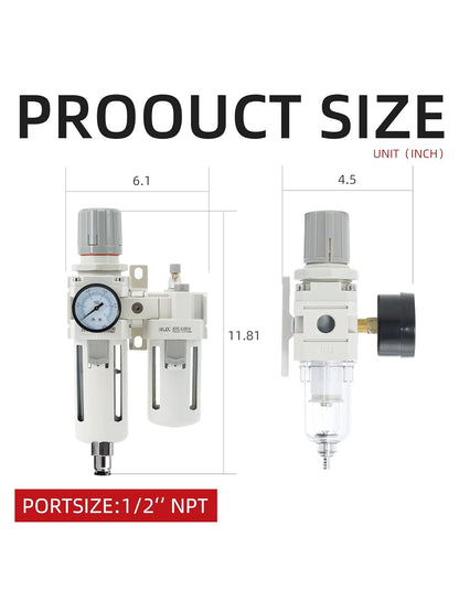 Regulador de filtro de aire comprimido NPT de 1/2 pulgada, lubricador combinado separador de trampa de agua/aceite, regulador de presión de filtro de aire, drenaje manual AC4010-04D (1/2 pulgada NPT, drenaje automático)