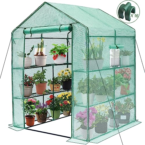 Greengro Invernadero, invernaderos de 56 x 56 x 75 pulgadas para exteriores, kit de invernadero mejorado con ventana, cubierta de polietileno grueso, 3 niveles, 8 estantes, casas verdes resistentes para interiores y exteriores