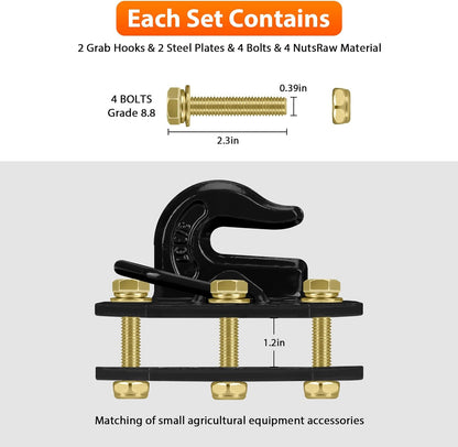 Paquete de 2 ganchos para cubo de tractor de 3/8 pulgadas con anillo en D, máximo 15,000 libras de acero forjado grado 70 para accesorios de cubo de tractor para Kubota, John Deere, Kiot, RV, UTV, camión, naranja