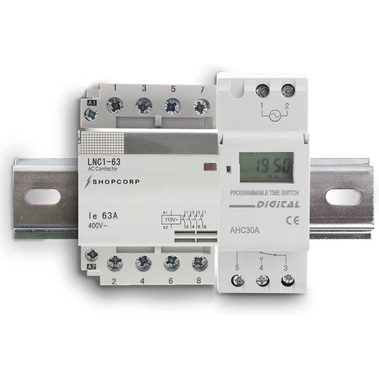 Bobina de 40 amperios, 4 polos, normalmente abierta, 110-120 V CA (funcionamiento silencioso), carga del motor 40 A y carga de iluminación, paquete de contactores 63 A con temporizador electrónico programable 24-7 y riel DIN 35 x 150 mm
