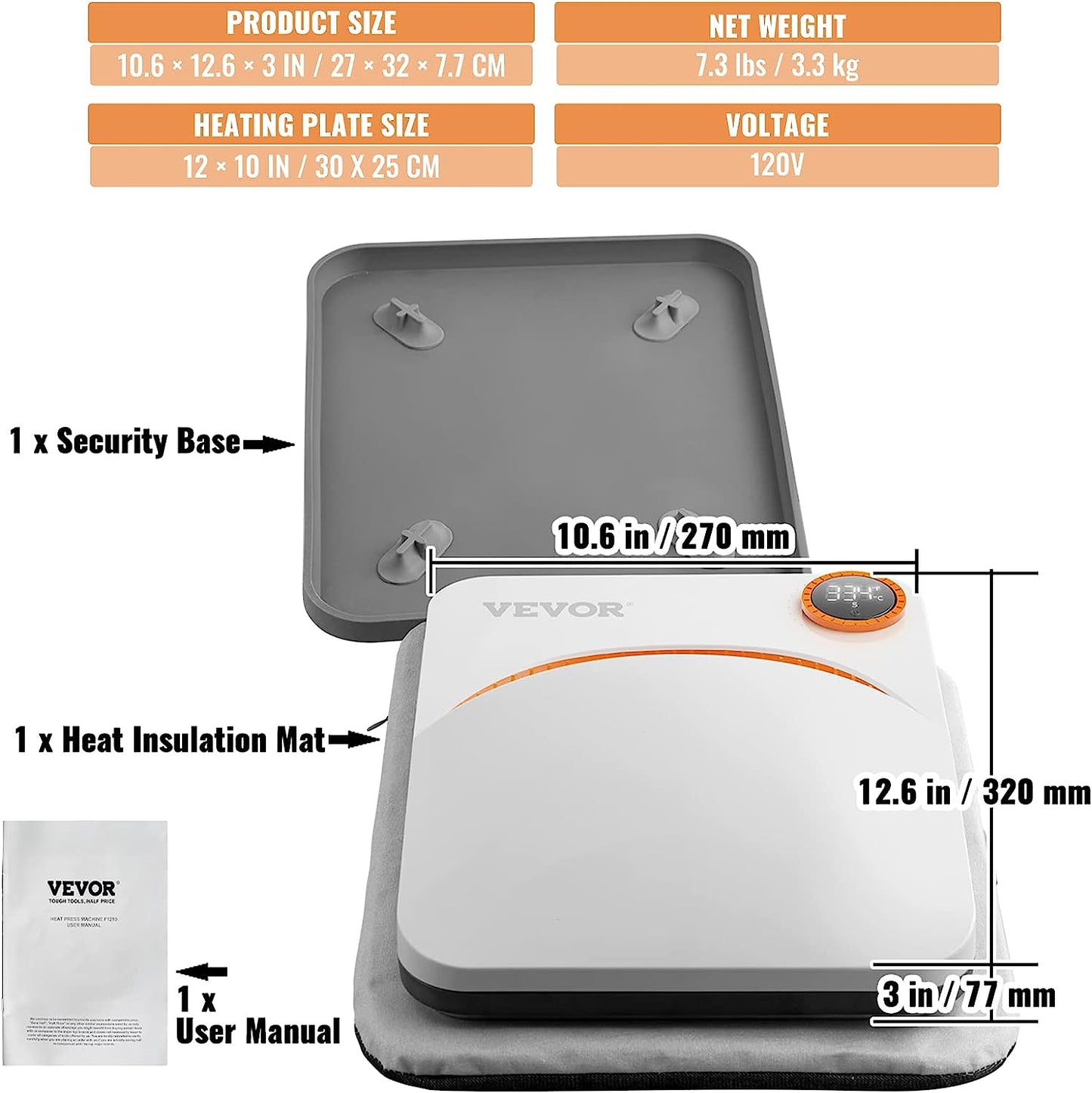 VEVOR Heat Press Machine,10x12inches Portable Shirt Printing Multifunctional Sublimation Transfer Heat Press Machine Teflon Coated, Easy Iron-on Press for T-Shirts/Pillows/Bags/HTV Vinyl Projects