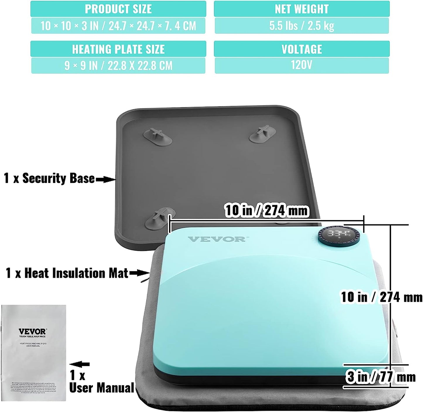 VEVOR Heat Press Machine,10x12inches Portable Shirt Printing Multifunctional Sublimation Transfer Heat Press Machine Teflon Coated, Easy Iron-on Press for T-Shirts/Pillows/Bags/HTV Vinyl Projects