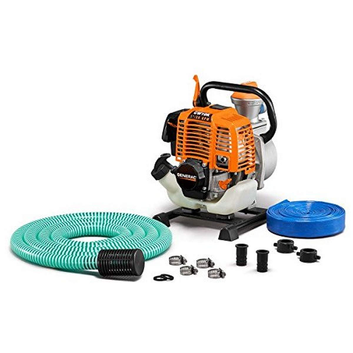 Generac 6917 CW10K Bomba de agua limpia con kit de manguera, ligera y potente, fácil de usar, cebado rápido y fácil, alta capacidad de bombeo de 30 GPM, 1 pulgada, naranja
