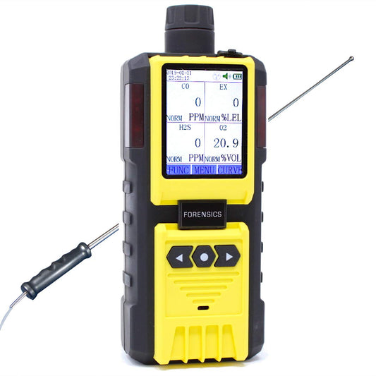 MULTIGAS Detector | Serie Industrial | Bomba integrada + sonda de 4 pies | O2, CO, H2S, LEL | Pantalla de color y gráfico | Ultra ABS Fuerte | Agua, polvo, prueba de explosión | Recarga de batería USB |