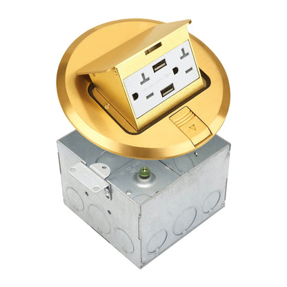 Select Lighting SLFB-PU-USB-BR - Receptáculos de salida USB emergentes de 20 A, caja de piso eléctrica redonda resistente a manipulaciones con cubierta de latón, enchufe empotrado retráctil para encimeras y pisos