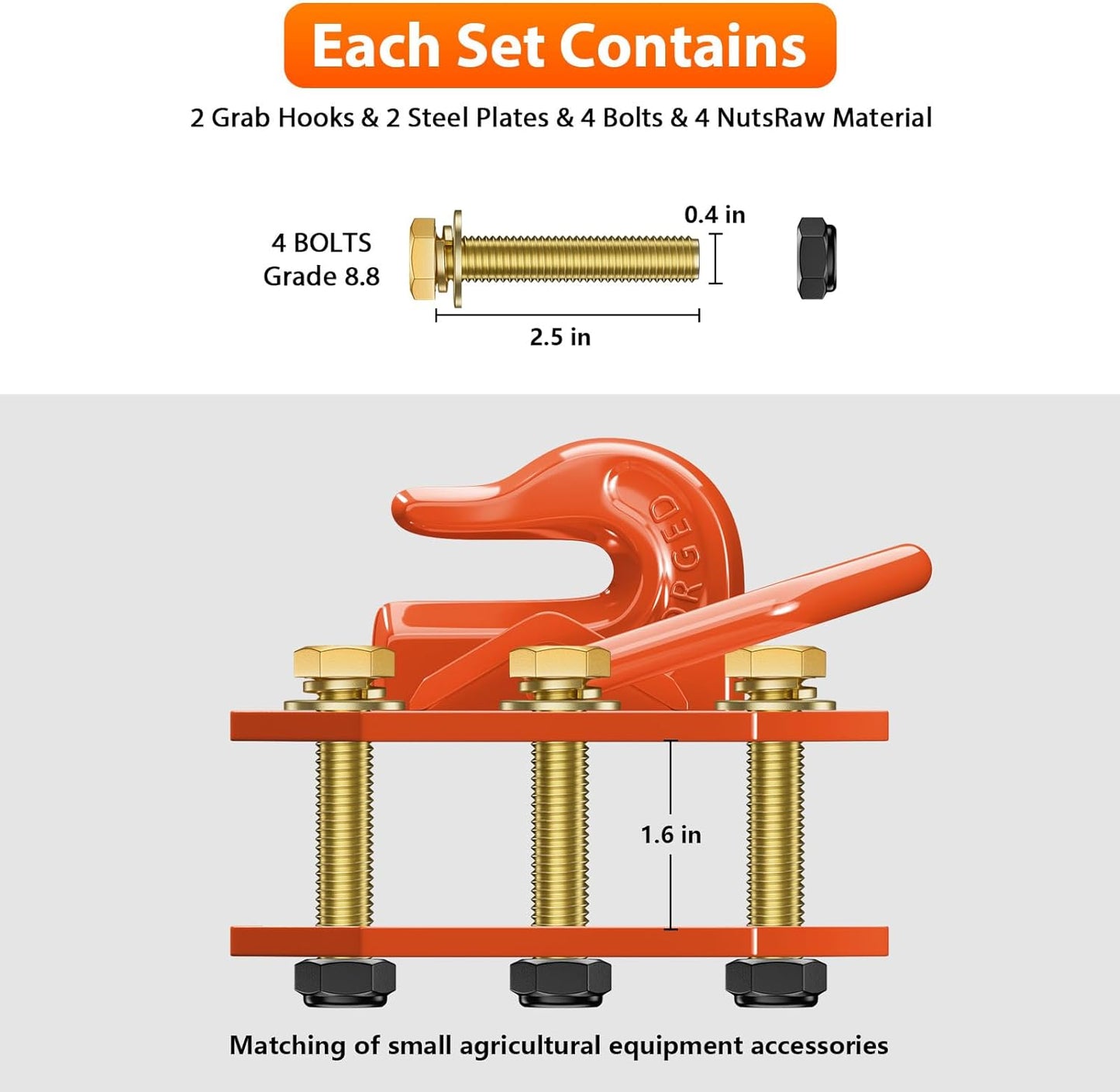 Paquete de 2 ganchos para cubo de tractor de 3/8 pulgadas con anillo en D, máximo 15,000 libras de acero forjado grado 70 para accesorios de cubo de tractor para Kubota, John Deere, Kiot, RV, UTV, camión, naranja