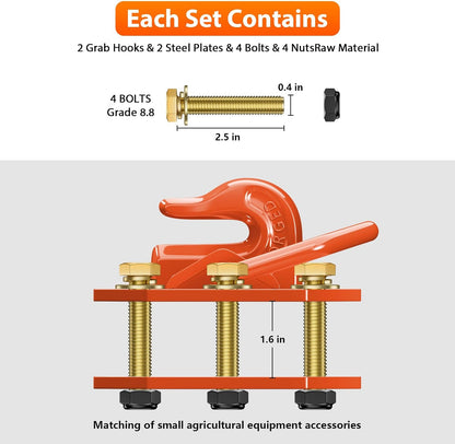 Paquete de 2 ganchos para cubo de tractor de 3/8 pulgadas con anillo en D, máximo 15,000 libras de acero forjado grado 70 para accesorios de cubo de tractor para Kubota, John Deere, Kiot, RV, UTV, camión, naranja