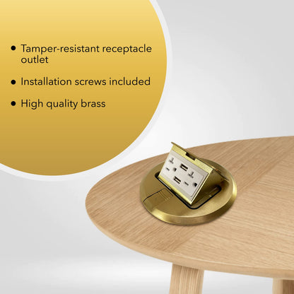 Select Lighting SLFB-PU-USB-BR - Receptáculos de salida USB emergentes de 20 A, caja de piso eléctrica redonda resistente a manipulaciones con cubierta de latón, enchufe empotrado retráctil para encimeras y pisos