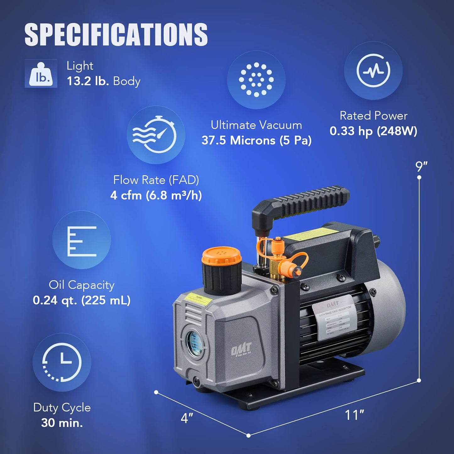 Orion Motor Tech Bomba de Vacío de CA con Manómetros, Bomba de Vacío de 4.5cfm y Juego de Manómetros de Colector de 4 Vías con Detector de Fugas para Refrigerante R134a, R22 o R410a (4.5 CFM&4 Way)