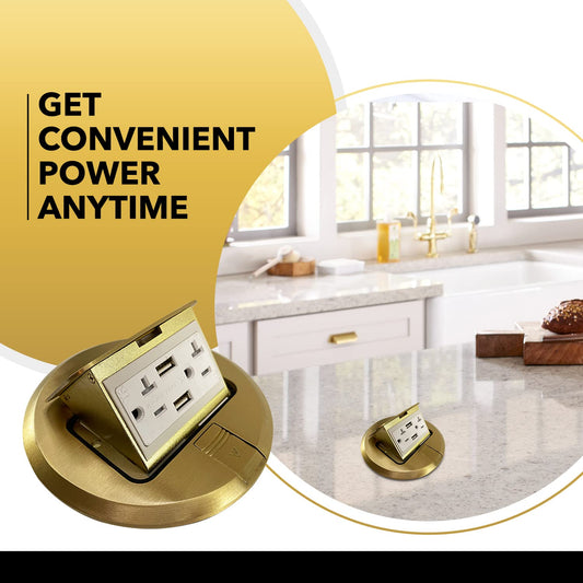 Select Lighting SLFB-PU-USB-BR - Receptáculos de salida USB emergentes de 20 A, caja de piso eléctrica redonda resistente a manipulaciones con cubierta de latón, enchufe empotrado retráctil para encimeras y pisos