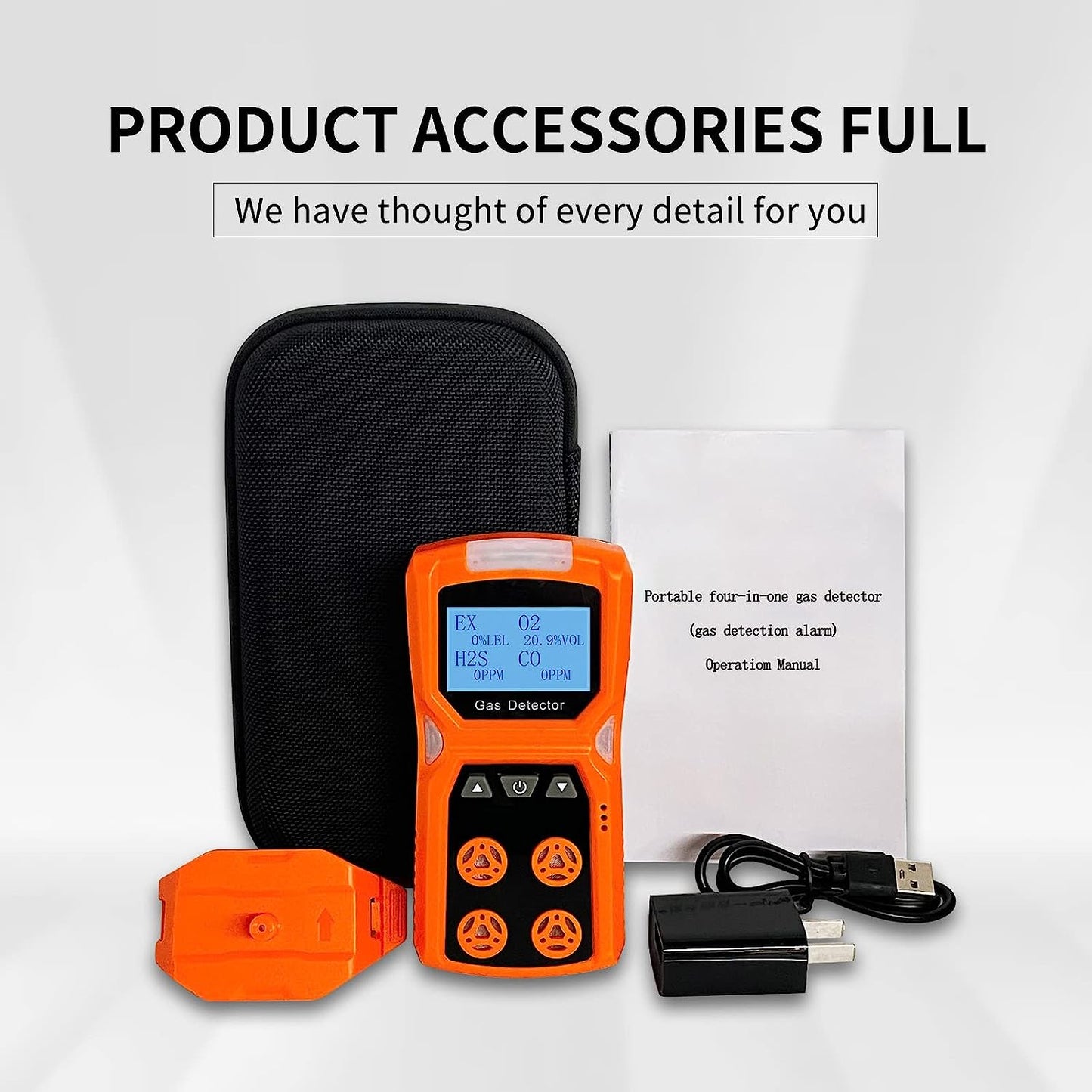 CHNADKS 4 - Detector de gas, monitor de gas H2S, O2, CO y LEL, indicador múltiple con vibración, audible, Visual 4, monitor de gas, alarma personal recargable con pantalla LCD