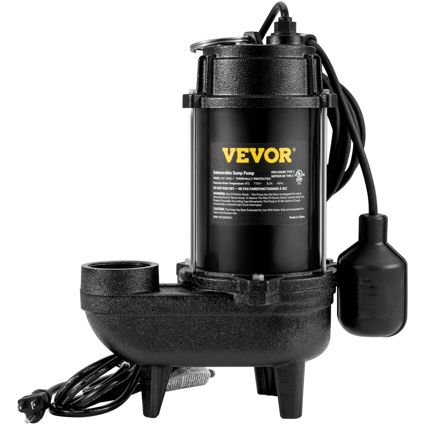 VEVOR Bomba sumergible de aguas residuales de 3/4 HP, 5880 GPH de flujo más grande, bomba de sumidero sumergible de hierro fundido, construcción de hierro fundido resistente al desgaste, con interruptor de flotador atado, cable de alimentación de 10 pies