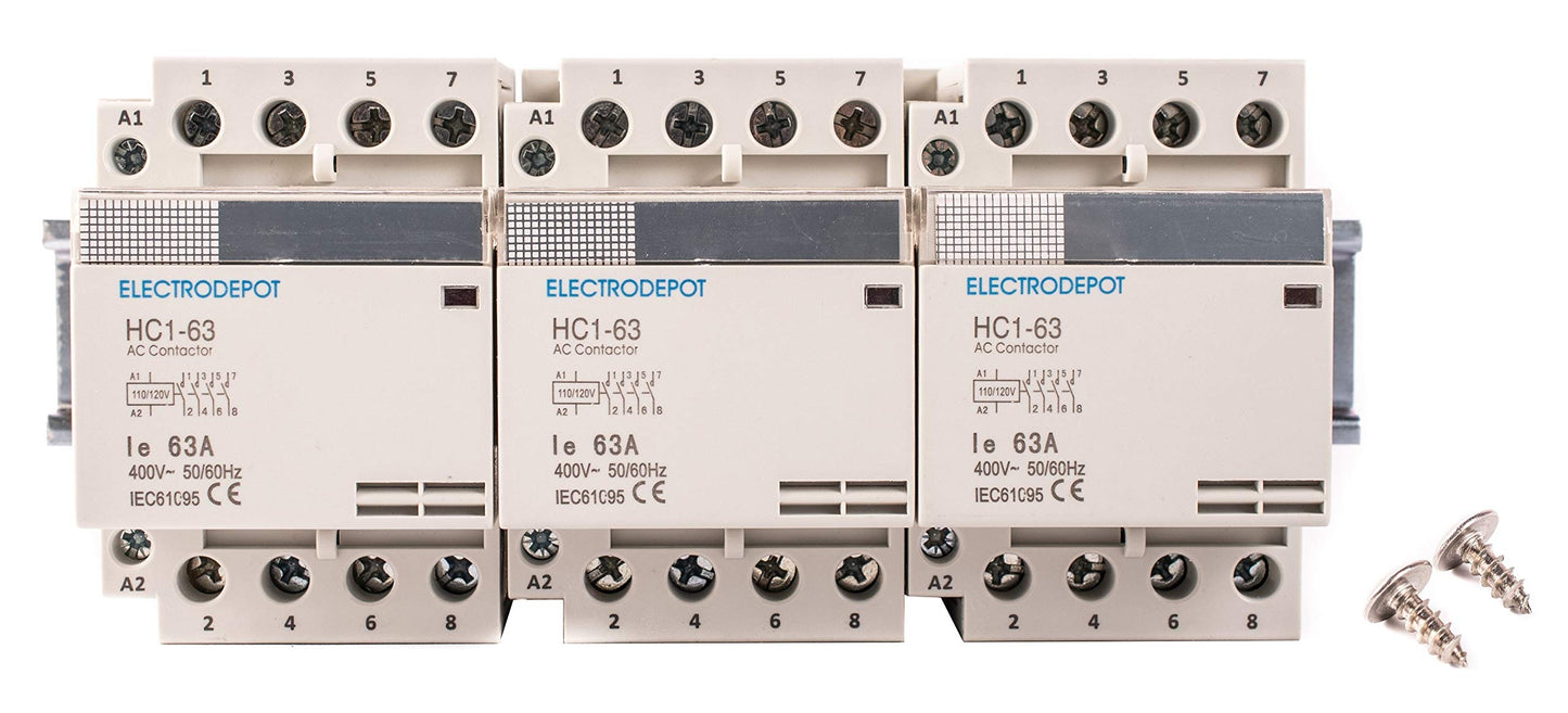 Electrodepot 40 Amp 12 polos (4 polos x 3) Bobina normalmente abierta, 110-120 VCA (funcionamiento silencioso), carga del motor 40 A y carga de iluminación 63 A paquete de contactor con carril DIN de 8 cm y 2 tornillos número 10