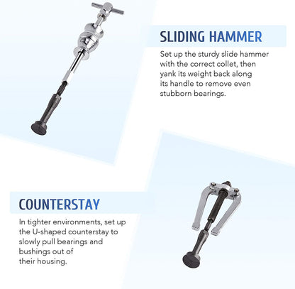 Juego de extractor de rodamientos de cojinete y extractor de sellos Orion Motor Tech, martillo deslizante, inserto de guía, juego de herramientas de extracción de rodamientos internos, 16 piezas.