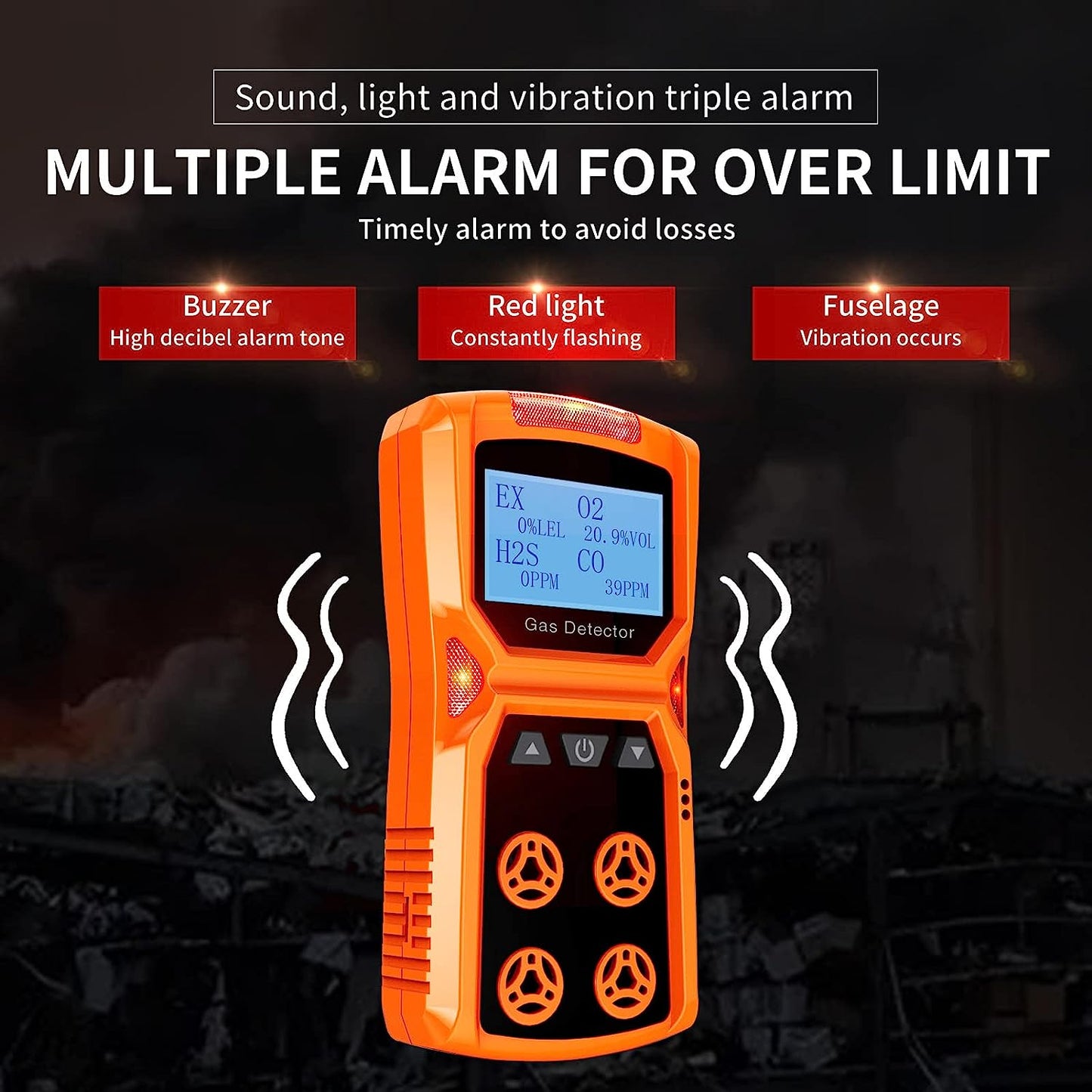 CHNADKS 4 - Detector de gas, monitor de gas H2S, O2, CO y LEL, indicador múltiple con vibración, audible, Visual 4, monitor de gas, alarma personal recargable con pantalla LCD