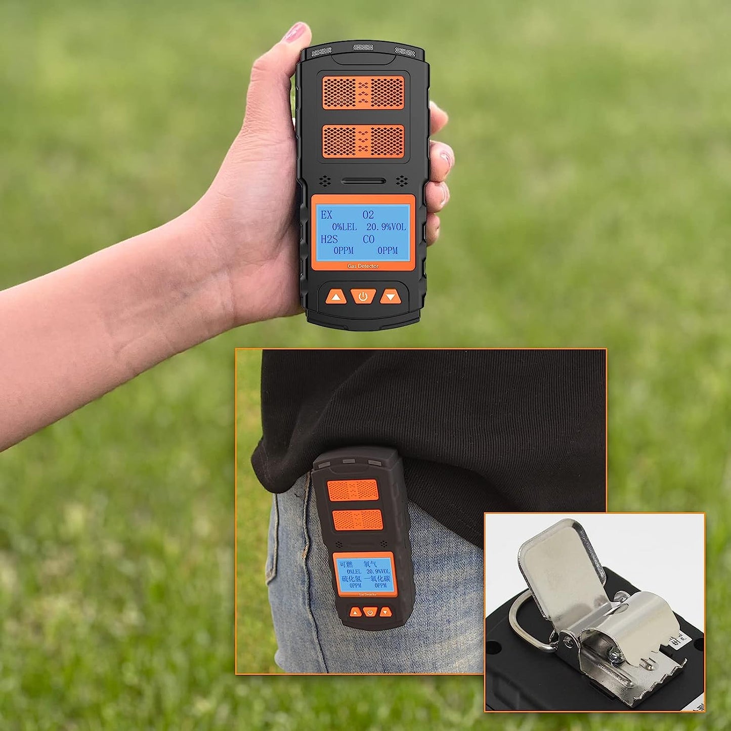 CHNADKS 4 - Detector de gas, monitor de gas H2S, O2, CO y LEL, indicador múltiple con vibración, audible, Visual 4, monitor de gas, alarma personal recargable con pantalla LCD