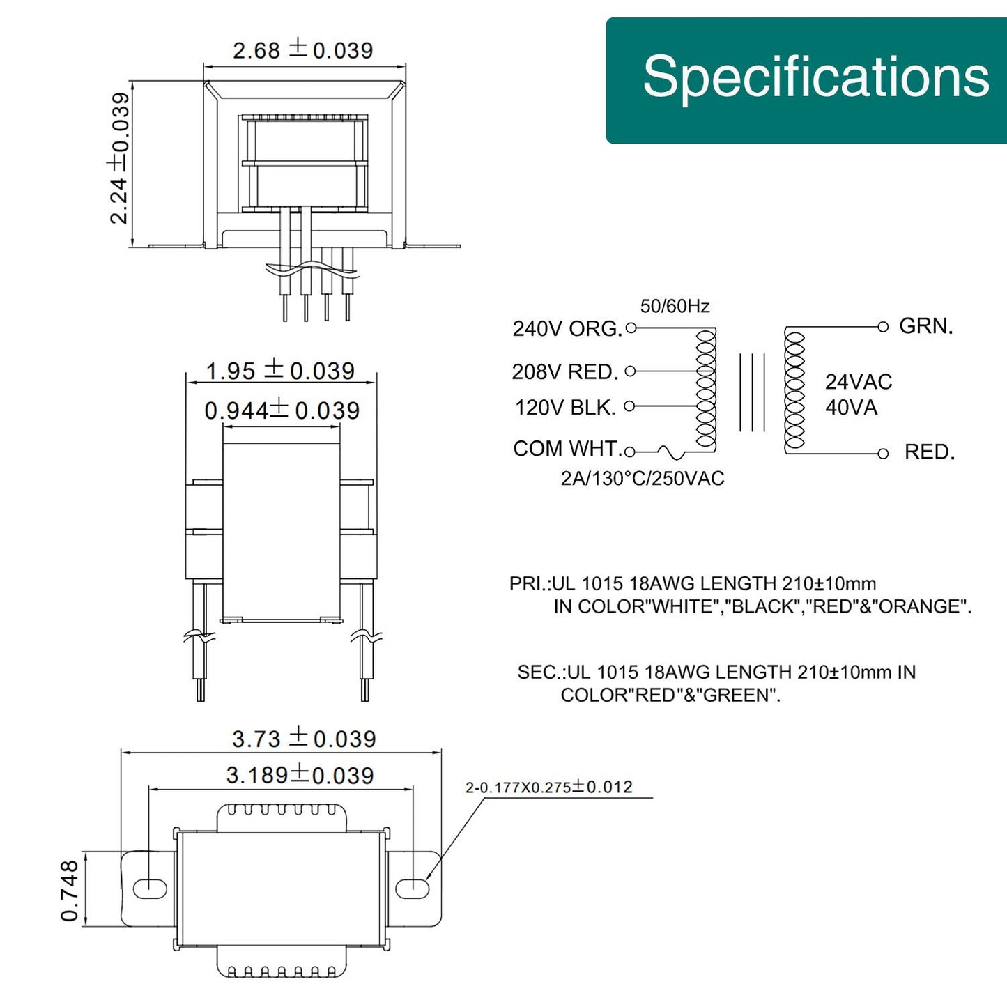 Transformador de control 40 VA, primario 120, 208, 240 V secundario 24 V, horno HVAC multigrifo (paquete de 1)