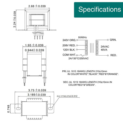 Transformador de control 40 VA, primario 120, 208, 240 V secundario 24 V, horno HVAC multigrifo (paquete de 1)
