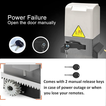 Kit de abridor automático de puerta corredera impulsado por bastidor con controles remotos y sensor infrarrojo operador de puerta eléctrica kit completo para puertas deslizantes de hasta 1800 libras