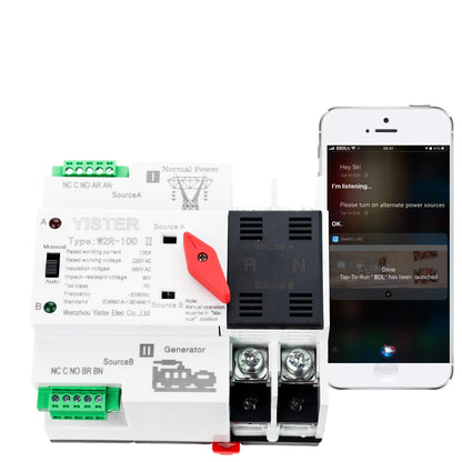 Control WiFi ATS W2R Switch Mini interruptor de transferencia automática de doble potencia de 2 fases, controlador montado en riel DIN, generador de espera de doble potencia 220 V 240 V interruptor de cambio (2P 100 amperios sin apagado)