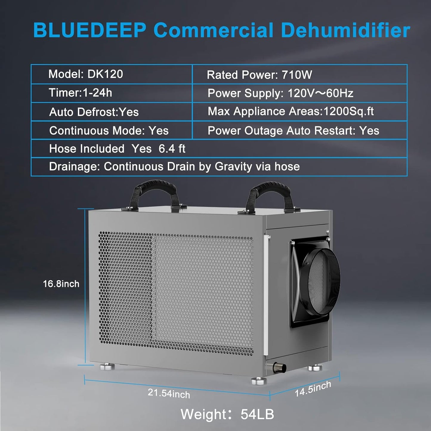 BLUEDEEP - Deshumidificador de espacio para sótano/rastreo, 120 pintas, deshumidificador comercial con manguera de drenaje para almacén, almacenamiento de daños por agua, 1 año de garantía