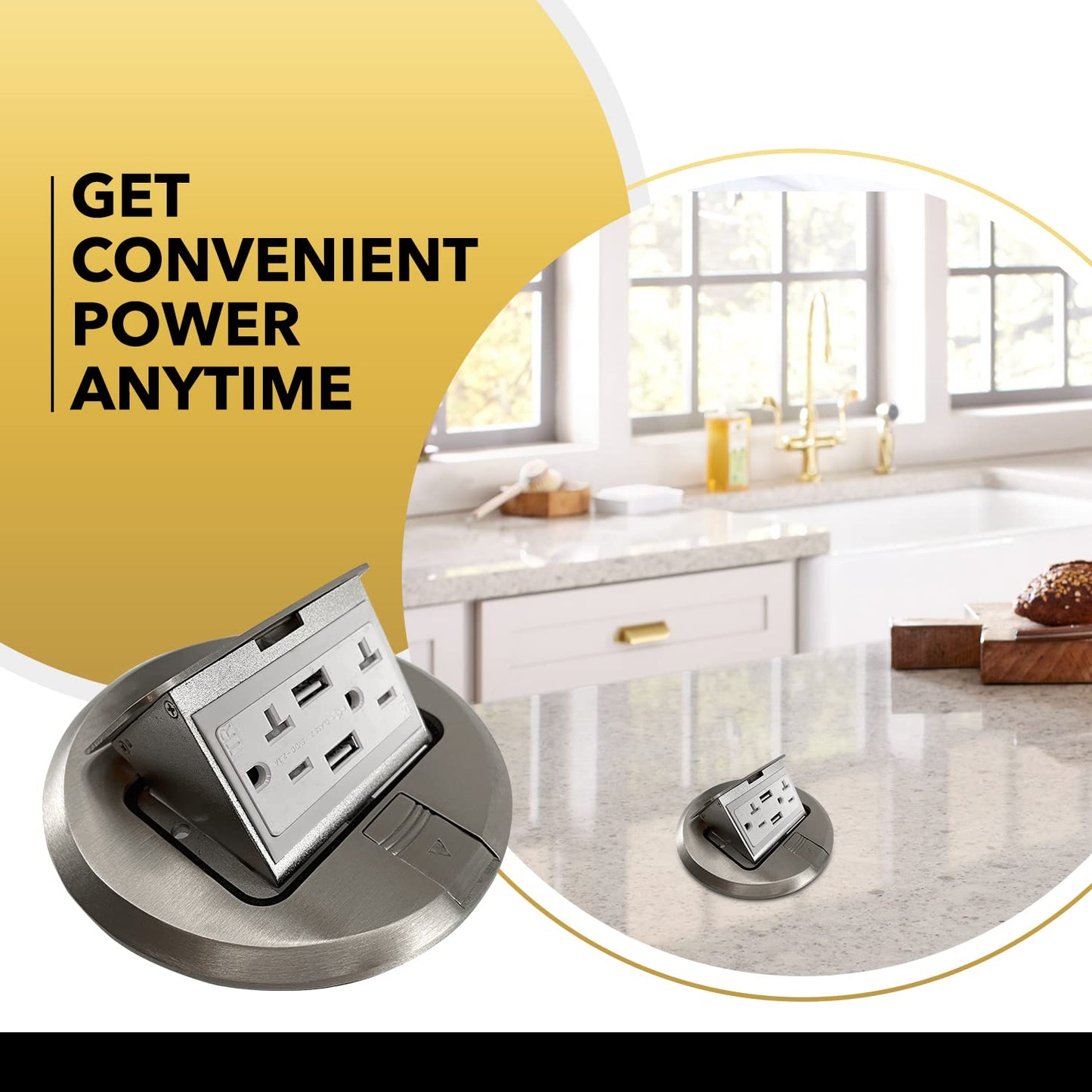 Select Lighting SLFB-PU-USB-BR - Receptáculos de salida USB emergentes de 20 A, caja de piso eléctrica redonda resistente a manipulaciones con cubierta de latón, enchufe empotrado retráctil para encimeras y pisos