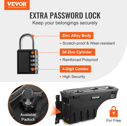 VEVOR Truck Bed Storage Box, Swing Case Fits Ford F-150 2015-2021, Passenger Side, Lockable Wheel Well Tool Box with Password Padlock, Waterproof and Durable ABS Tool Box