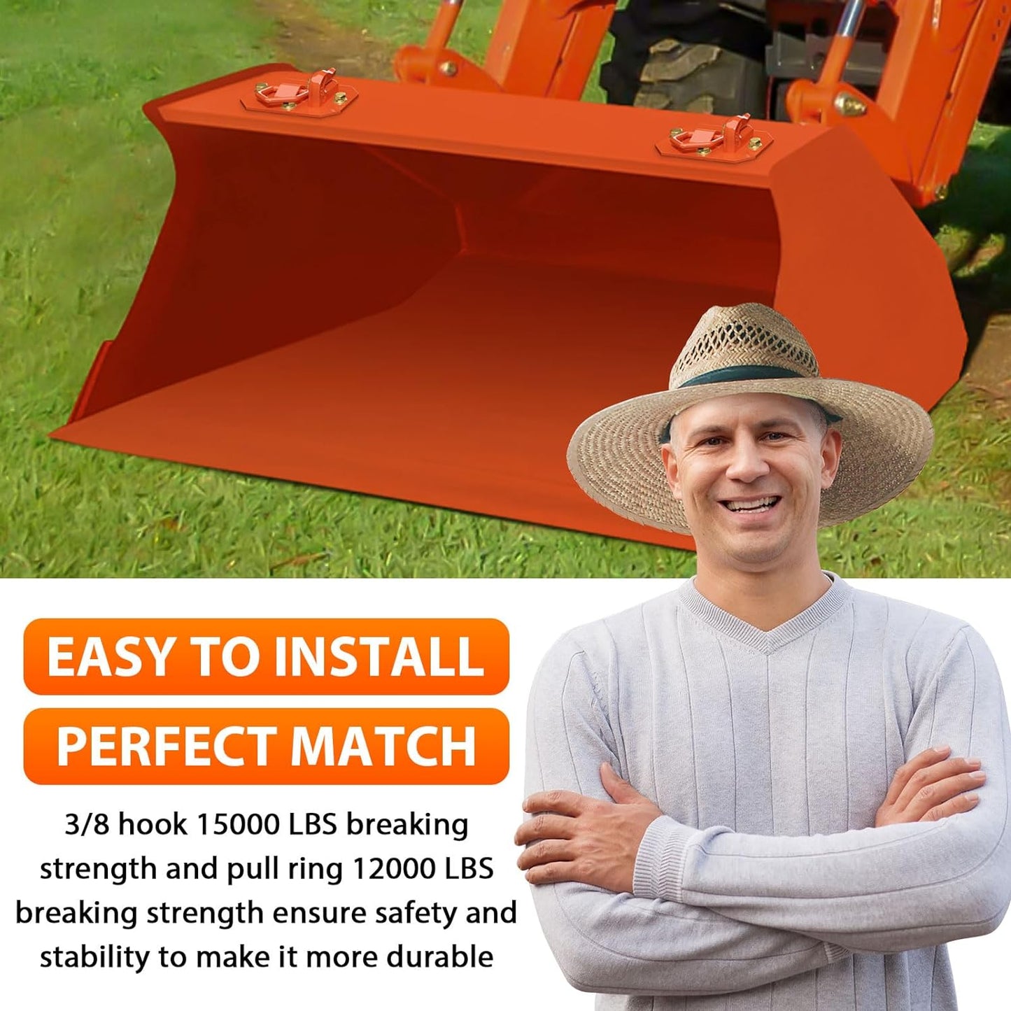 Paquete de 2 ganchos para cubo de tractor de 3/8 pulgadas con anillo en D, máximo 15,000 libras de acero forjado grado 70 para accesorios de cubo de tractor para Kubota, John Deere, Kiot, RV, UTV, camión, naranja