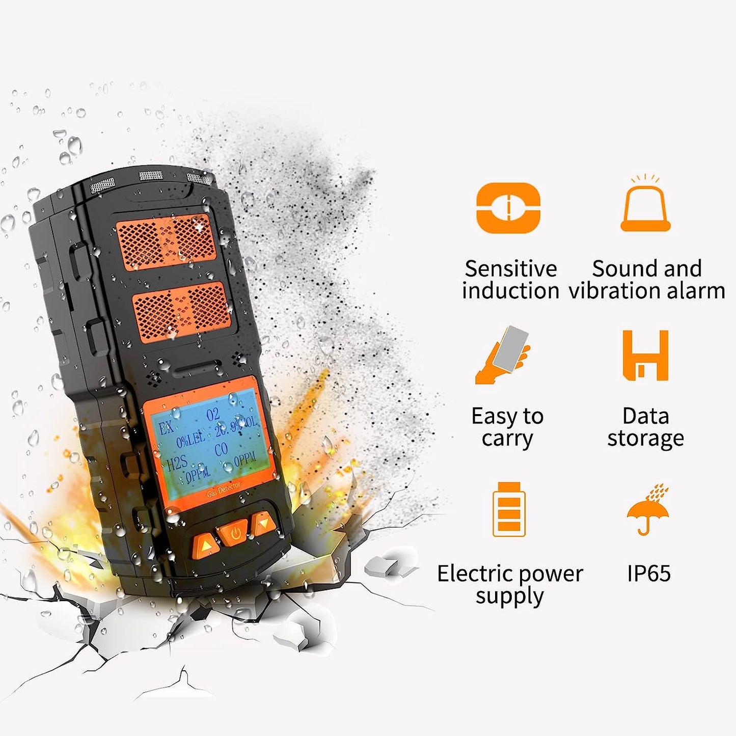 CHNADKS 4 - Detector de gas, monitor de gas H2S, O2, CO y LEL, indicador múltiple con vibración, audible, Visual 4, monitor de gas, alarma personal recargable con pantalla LCD