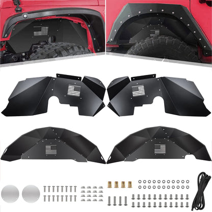 Forros de guardabarros interiores delanteros y traseros para Jeep Wrangler JK JKU 2007-2018 4WD con logotipo de la bandera de Estados Unidos, protectores ligeros de aluminio (negro)