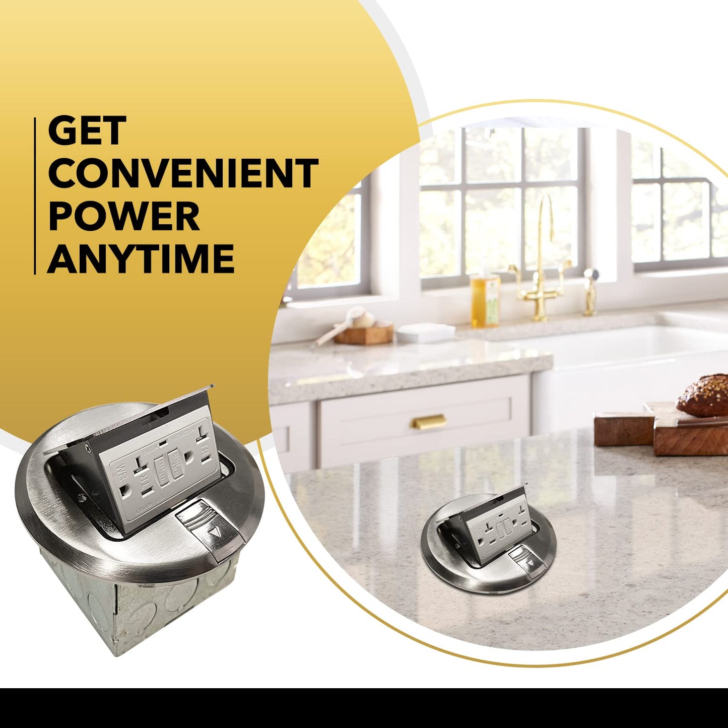 Select Lighting SLFB-PU-USB-BR - Receptáculos de salida USB emergentes de 20 A, caja de piso eléctrica redonda resistente a manipulaciones con cubierta de latón, enchufe empotrado retráctil para encimeras y pisos