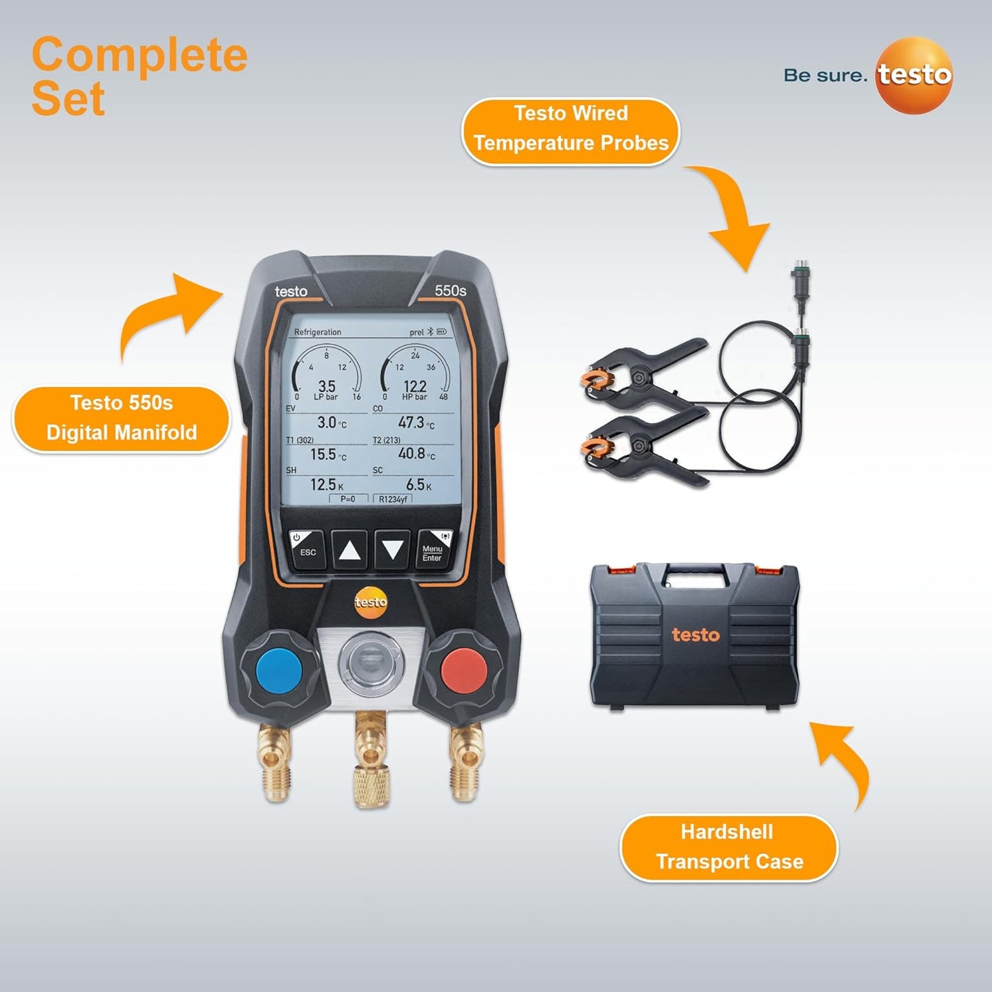 Testo 550s AC Manifold Gauge Set – Manifold Gauges Hvac and Refrigeration – Incl. 2 Wired Temperature Clamp Probes – AC Recharge Kit with superheat, subcooling – AC Gauge Set with Bluetooth