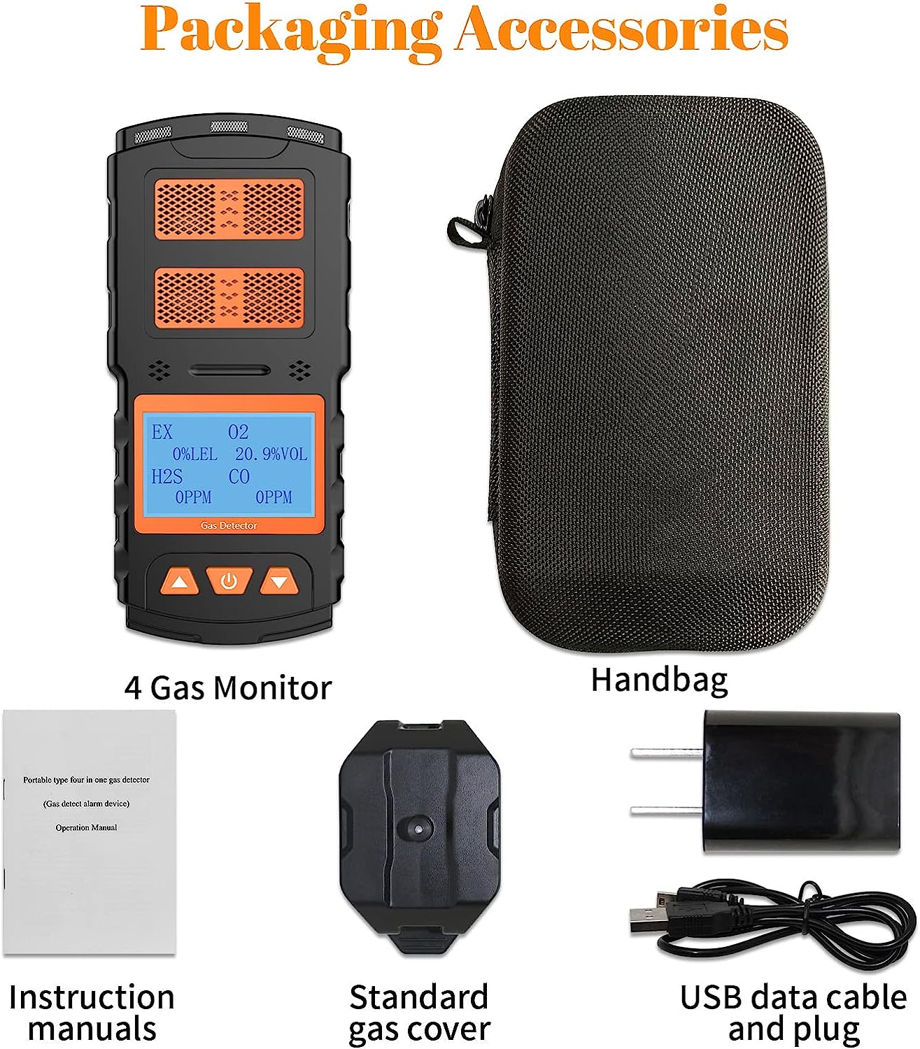 CHNADKS 4 - Detector de gas, monitor de gas H2S, O2, CO y LEL, indicador múltiple con vibración, audible, Visual 4, monitor de gas, alarma personal recargable con pantalla LCD