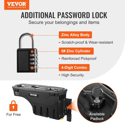 VEVOR Truck Bed Storage Box, Swing Case Fits Ford F-150 2015-2021, Passenger Side, Lockable Wheel Well Tool Box with Password Padlock, Waterproof and Durable ABS Tool Box