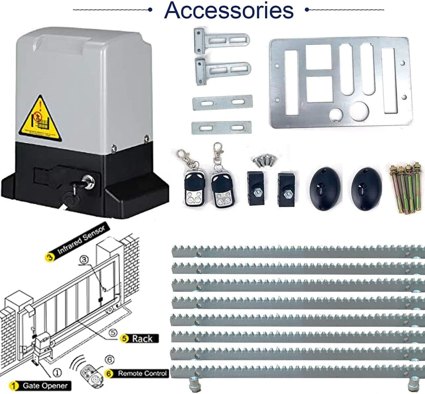 Kit de abridor automático de puerta corredera impulsado por bastidor con controles remotos y sensor infrarrojo operador de puerta eléctrica kit completo para puertas deslizantes de hasta 1800 libras