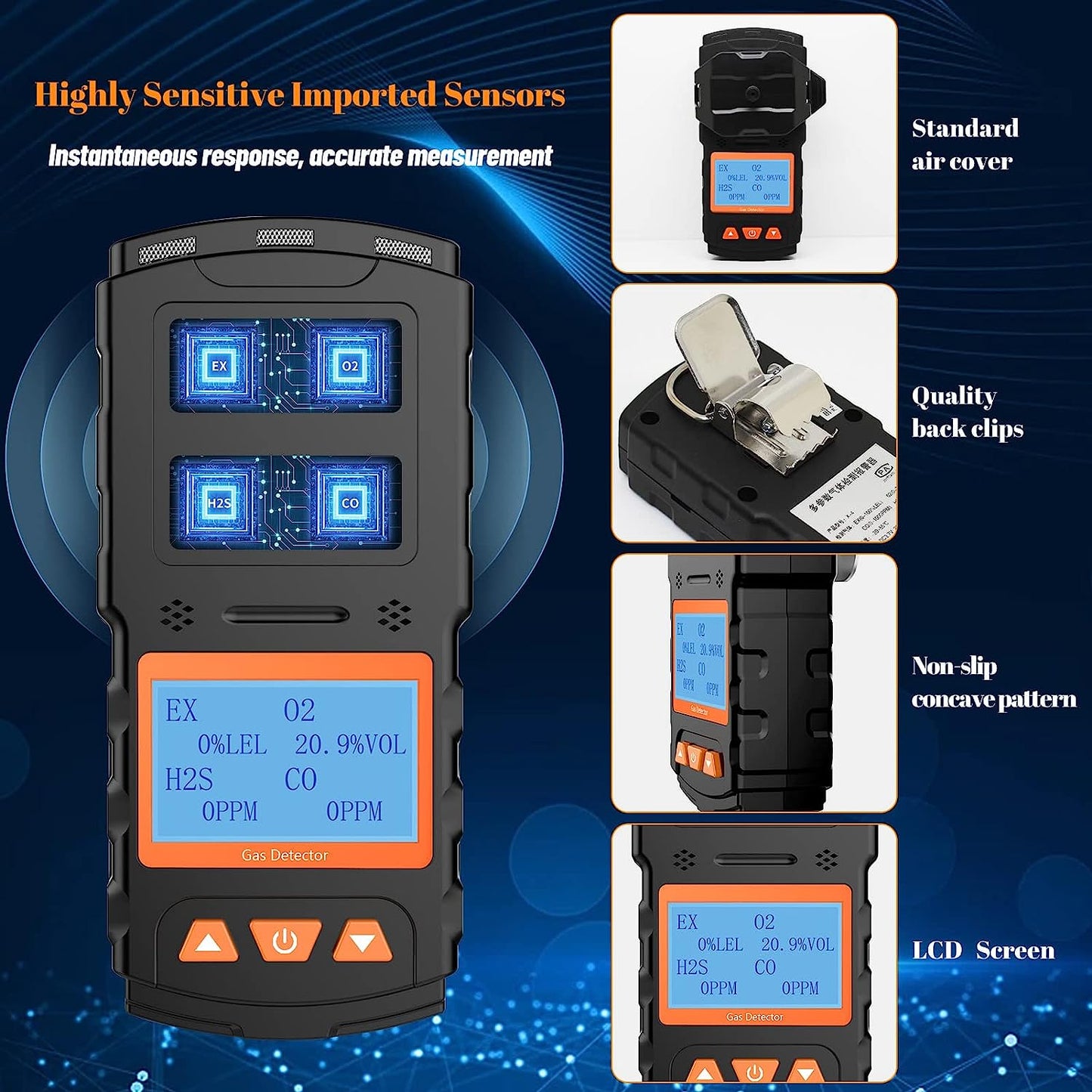 CHNADKS 4 - Detector de gas, monitor de gas H2S, O2, CO y LEL, indicador múltiple con vibración, audible, Visual 4, monitor de gas, alarma personal recargable con pantalla LCD
