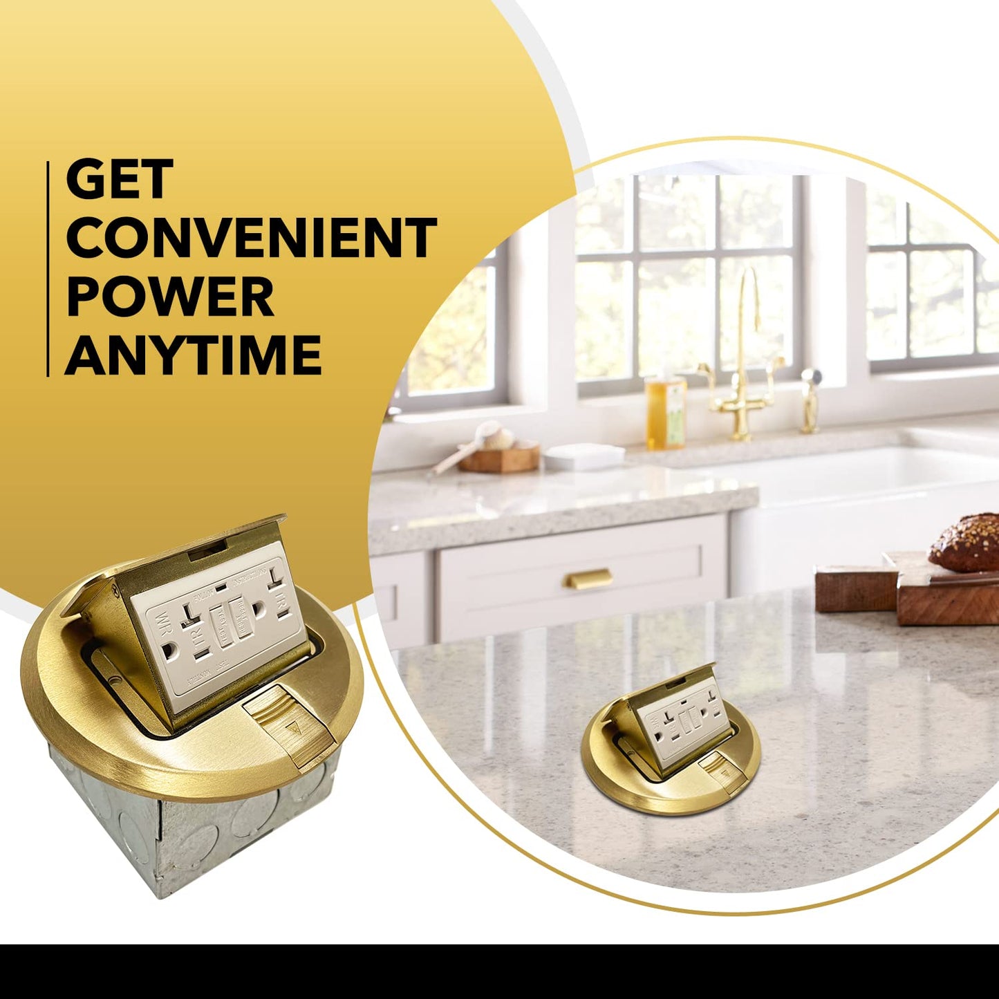 Select Lighting SLFB-PU-USB-BR - Receptáculos de salida USB emergentes de 20 A, caja de piso eléctrica redonda resistente a manipulaciones con cubierta de latón, enchufe empotrado retráctil para encimeras y pisos
