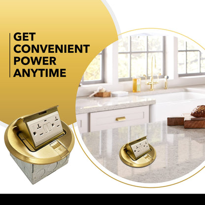 Select Lighting SLFB-PU-USB-BR - Receptáculos de salida USB emergentes de 20 A, caja de piso eléctrica redonda resistente a manipulaciones con cubierta de latón, enchufe empotrado retráctil para encimeras y pisos