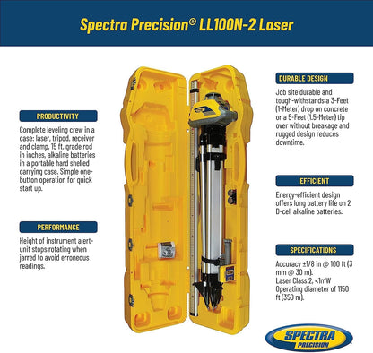 Spectra Precision LL100N-2 Kit de nivel láser con receptor y abrazadera HR320, varilla de grado de 15 pies (pulgadas), trípode y caja del sistema, amarillo