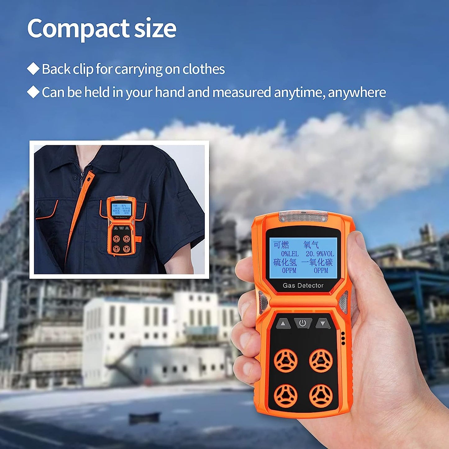 CHNADKS 4 - Detector de gas, monitor de gas H2S, O2, CO y LEL, indicador múltiple con vibración, audible, Visual 4, monitor de gas, alarma personal recargable con pantalla LCD
