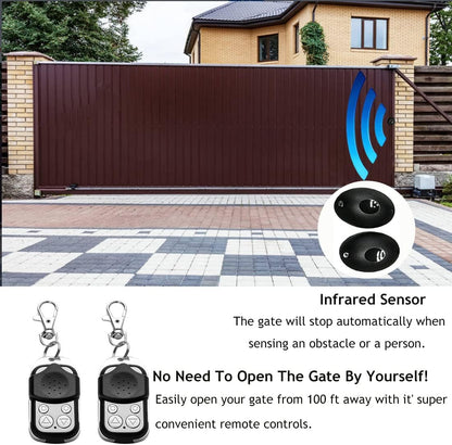 Kit de abridor automático de puerta corredera impulsado por bastidor con controles remotos y sensor infrarrojo operador de puerta eléctrica kit completo para puertas deslizantes de hasta 1800 libras