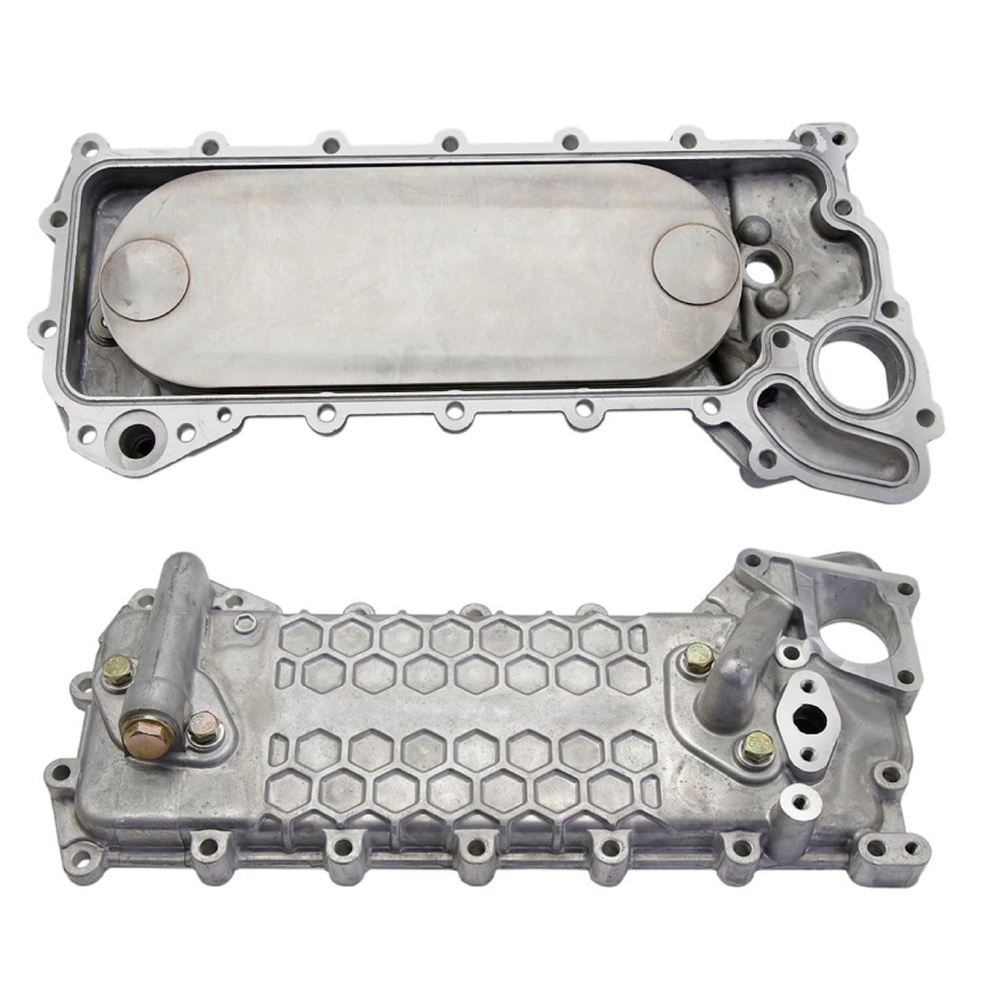 Núcleo del enfriador de aceite + cubierta 97333877 97334100 compatible con ISUZU 4HE1 NPR NPR-HD NQR Chevrolet W3500 W4500 W5500 W5500HD Tiltmaster GMC W3500 W4500 W5500 W50000 W500 W5 W5000 W5 HD hacia adelante 4. 8L 1998-2004