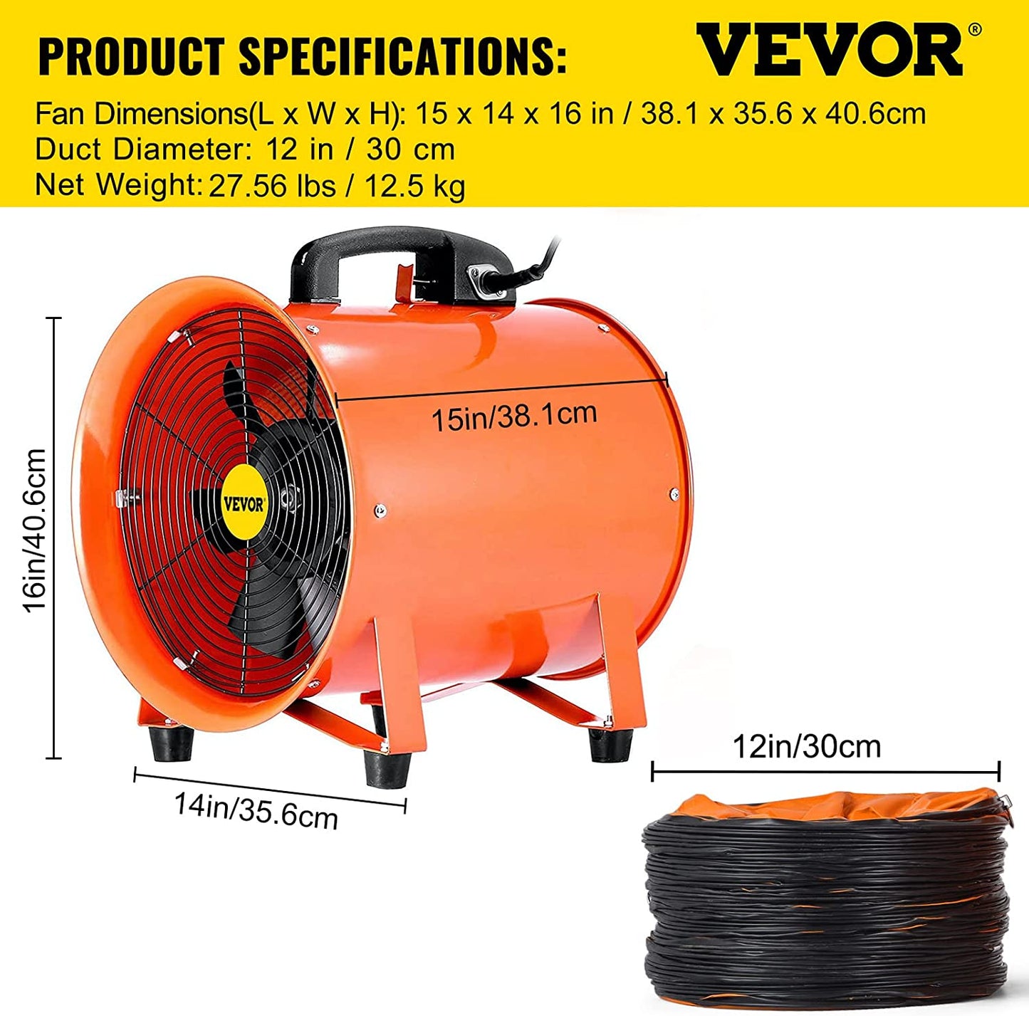 VEVOR Ventilador de manguera axial de escape de 12 pulgadas, ventilador portátil de alta velocidad de 3900 m3/h, ventilador extractor de bajo ruido con manguera de conducto de 5 m
