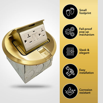 Select Lighting SLFB-PU-USB-BR - Receptáculos de salida USB emergentes de 20 A, caja de piso eléctrica redonda resistente a manipulaciones con cubierta de latón, enchufe empotrado retráctil para encimeras y pisos