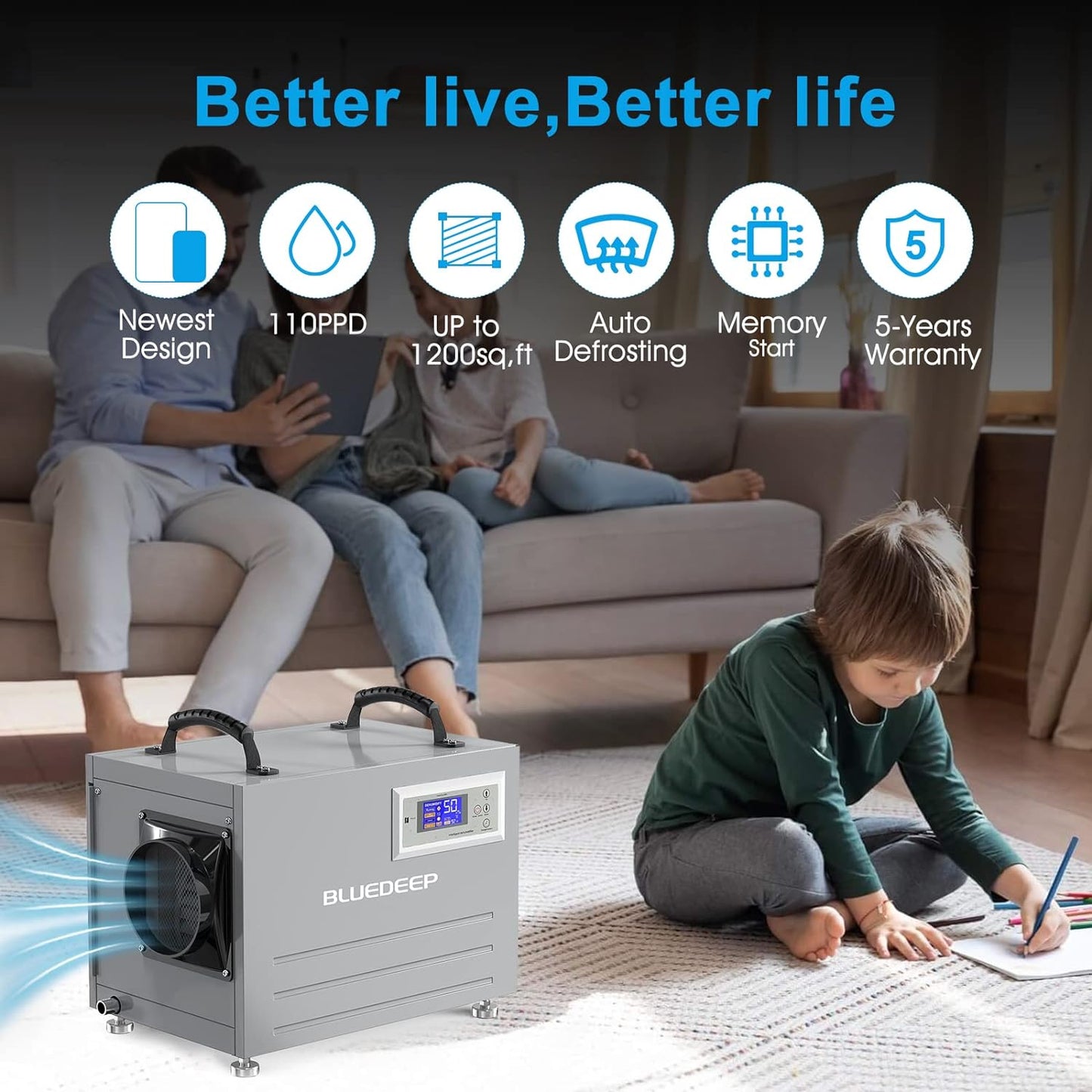 BLUEDEEP - Deshumidificador de espacio para sótano/rastreo, 120 pintas, deshumidificador comercial con manguera de drenaje para almacén, almacenamiento de daños por agua, 1 año de garantía