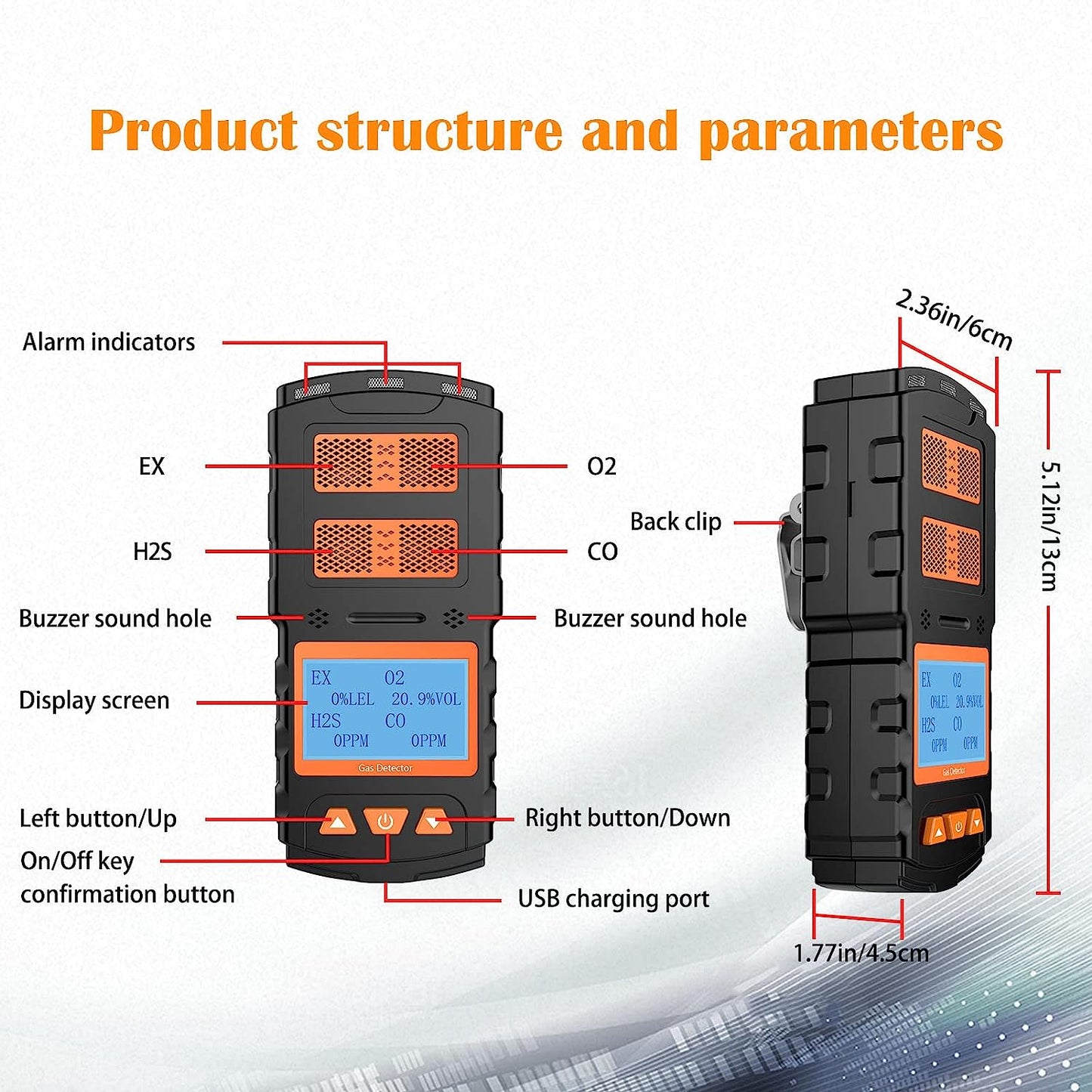 CHNADKS 4 - Detector de gas, monitor de gas H2S, O2, CO y LEL, indicador múltiple con vibración, audible, Visual 4, monitor de gas, alarma personal recargable con pantalla LCD